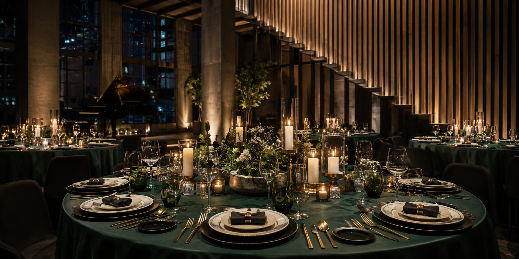 Echelon concept for an intimate luxury event with emerald linens, brass details, and candlelight
